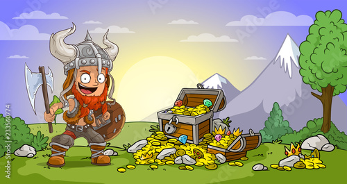 Cartoon viking warrior with axe and treasure chest
