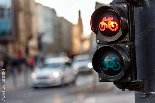 Traffic lights for bicycles lights red.