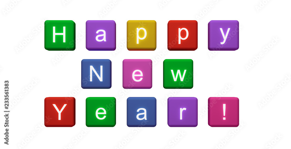 3d illustration. Colored cubes with letters on a white background. Happy New Year. 3d illustration. Colored cubes with letters on a white background. Happy New Year.