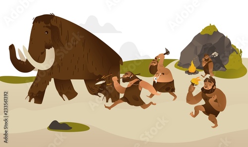 Ancient caveman with prehistoric weapons hunting for mammoth in flat cartoon style - vector illustration of tribe of primitive male characters dressing in animal pelts chasing running prey.