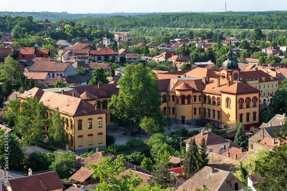 Sremski Karlovci, Serbia - May 2, 2018: Panorama of Sremski Karlovci. Panoramic view of The Gymnasium of Karlovci 