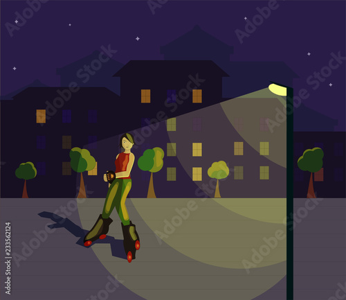 vector of woman on roller blades in the night with beautiful buildings