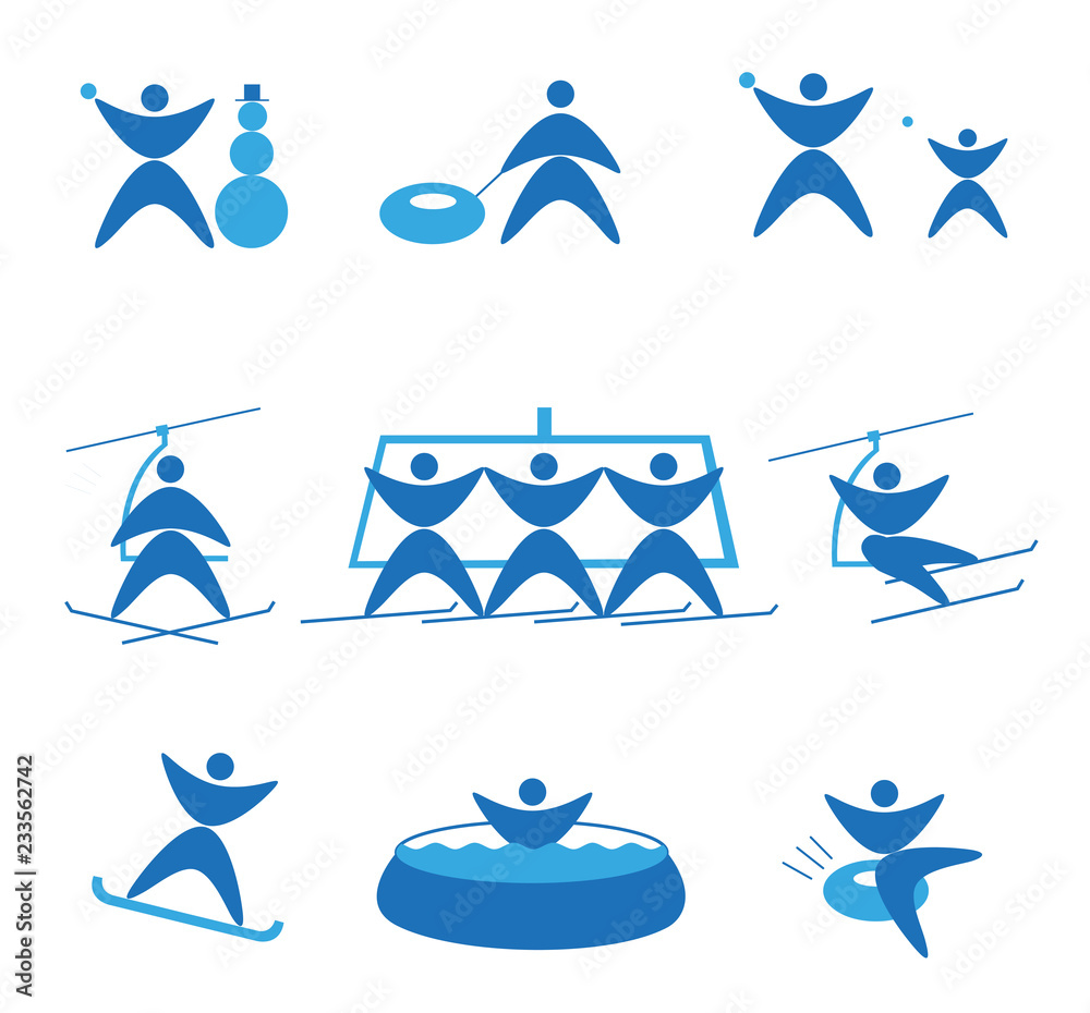 Collection of winter icons representing skiing and other winter outdoor ...