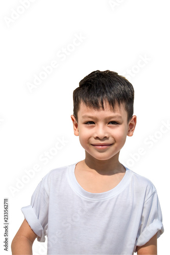 Portrait of Asian boy wearing a t-shirt on a white background.