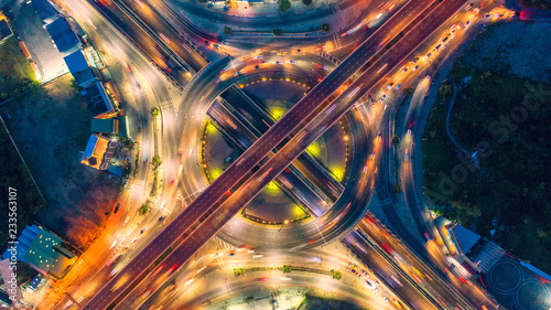 Aerial view and top view of traffic on city streets in bangkok , thailand. Expressway with car lots.