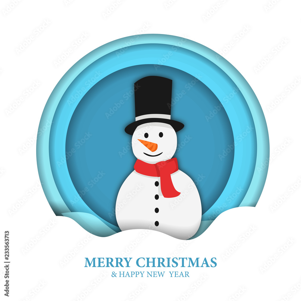 Christmas paper cut illustration  icon of snowman