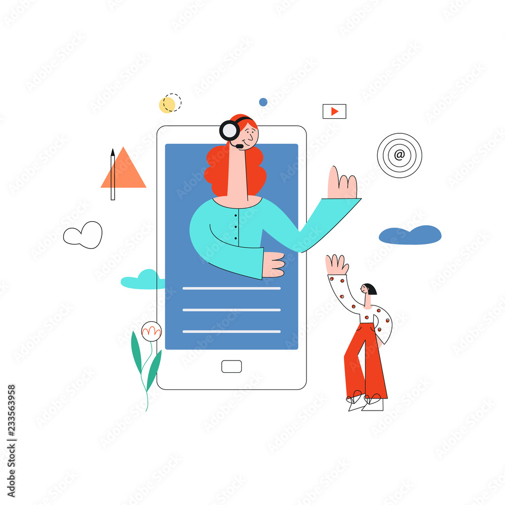 Vector online assistant concept with smartphone with redhead woman in headset waving hand from screen to female customer as positive communication symbol Cusomer cupport helpline illustration