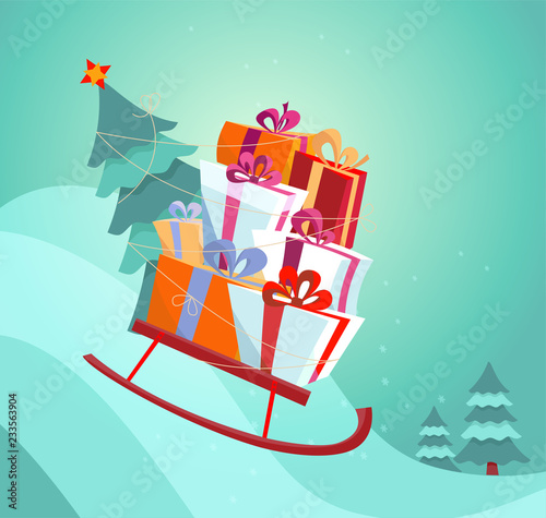 Sledge with gifts rushing down the snow slide. A stack of gift boxes and a Christmas tree tied to a sled sled with a rope. Festive bright flat vector illustration in cartoon style.