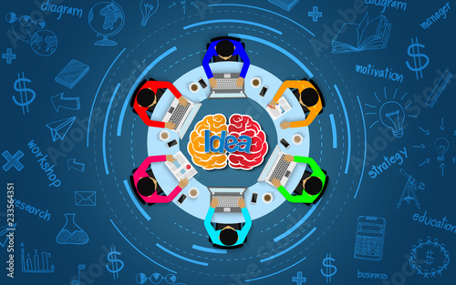 Creative idea. inspiration planning brain icon head concept. teamwork. businessmen help to brainstorm to achieve higher and success. cartoon vector illustration