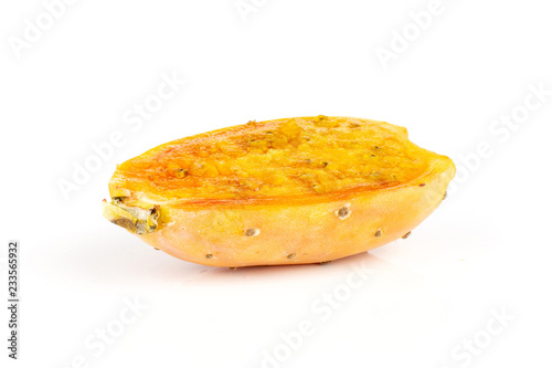 One half of orange yellow fresh bright prickly pear opuntia isolated on white background photo