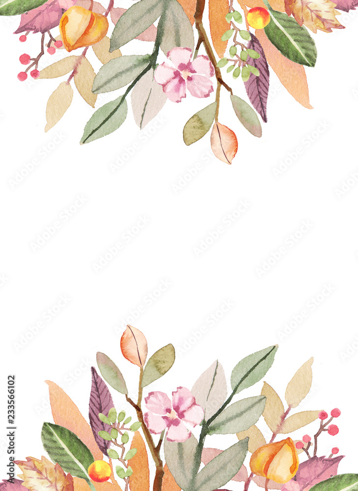 Watercolor hand-painted autumn leaves composition illustration template on white background Watercolor hand-painted autumn leaves composition illustration template on white background