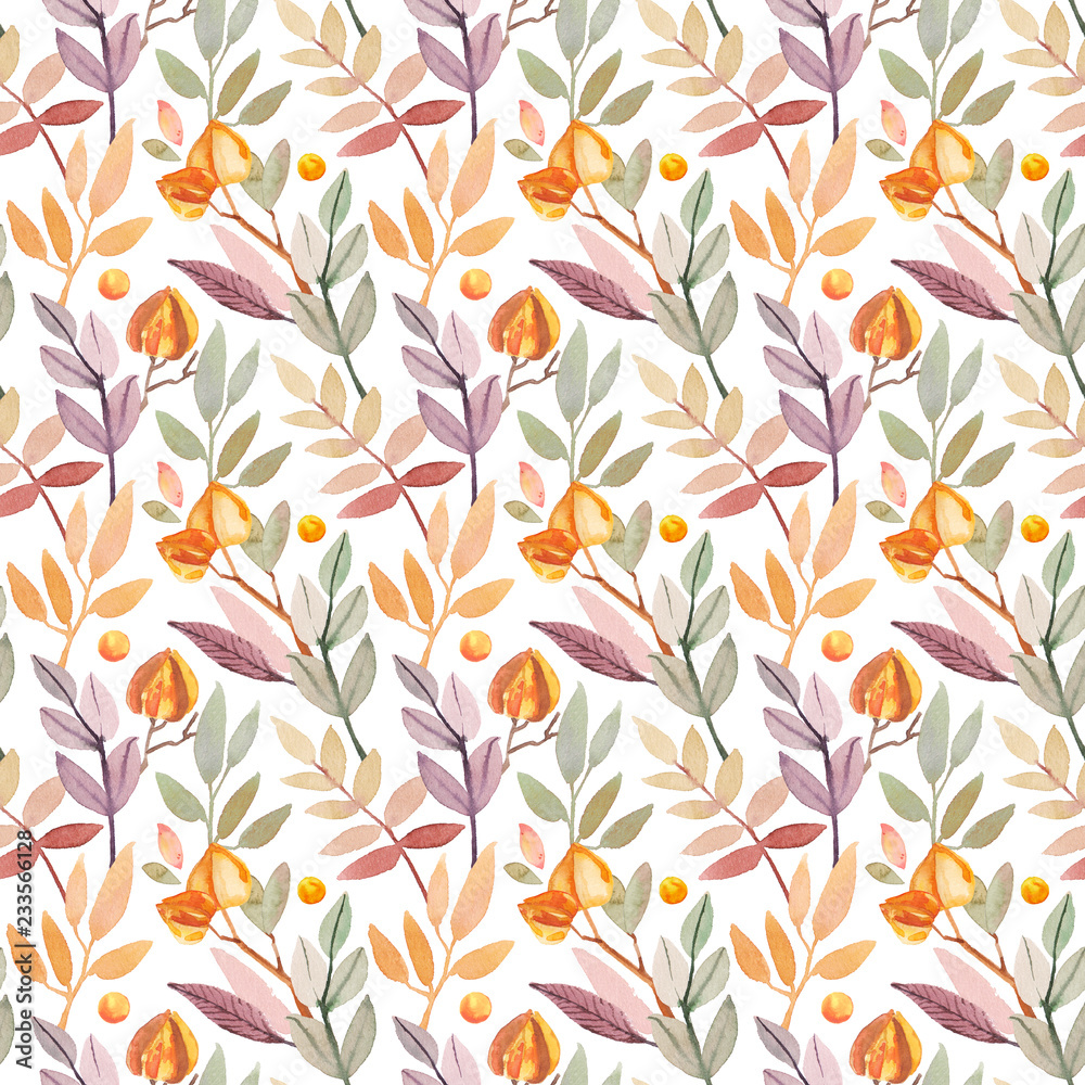 Watercolor hand-painted botanical floral leaves illustration seamless pattern on white background