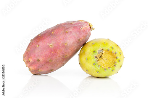 Group of two whole red pale yellow green fresh bright prickly pear opuntia isolated on white background photo