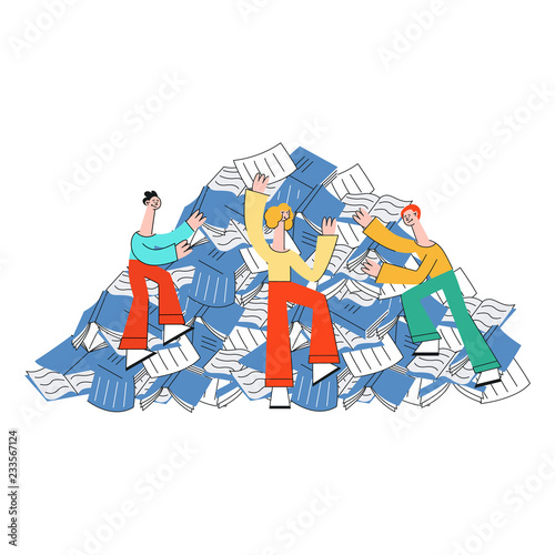 Vector illustration of people trying to climb mountain of paper documents and notebooks in flat style isolated on white background - overloaded pile of information sources.