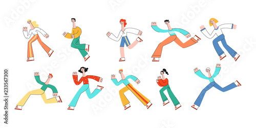 Running people vector illustration set in modern flat style. Various men and women in sportswear moving fast and active isolated on white background for healthcare and sporty lifestyle concept.