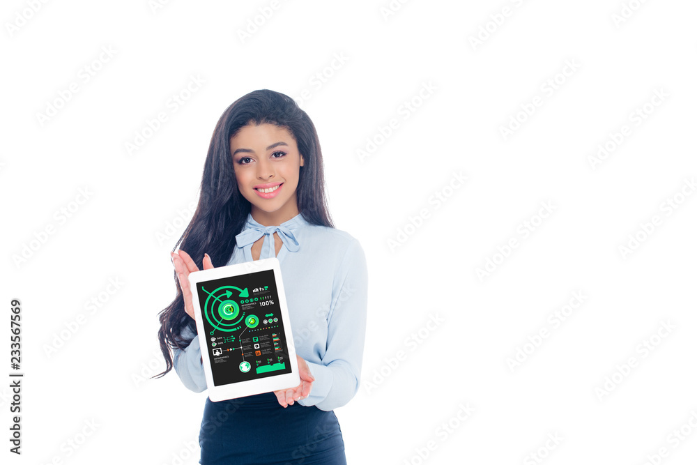 beautiful smiling young african american woman holding digital tablet with charts and graphs isolated on white beautiful smiling young african american woman holding digital tablet with charts and graphs isolated on white