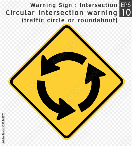 Road Sign. Warning. Intersections - Circular intersection warning (traffic circle or roundabout).  Vector Illustration on Transparent Background