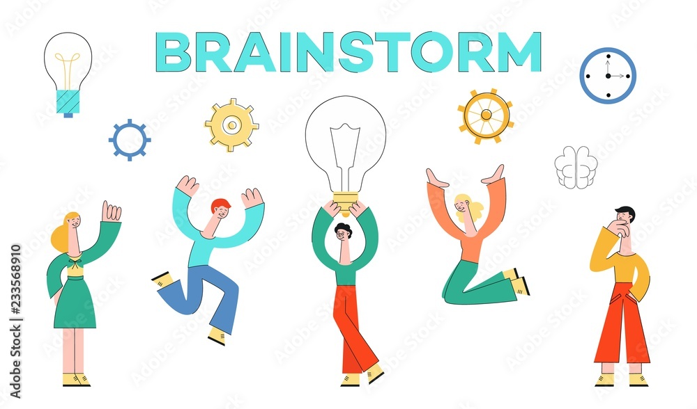 Vector brainstorm concept characters set. Business people developing business plan, marketing campaing. Male female creative characters holding big light bulb discussing with colleagues with cogwheels