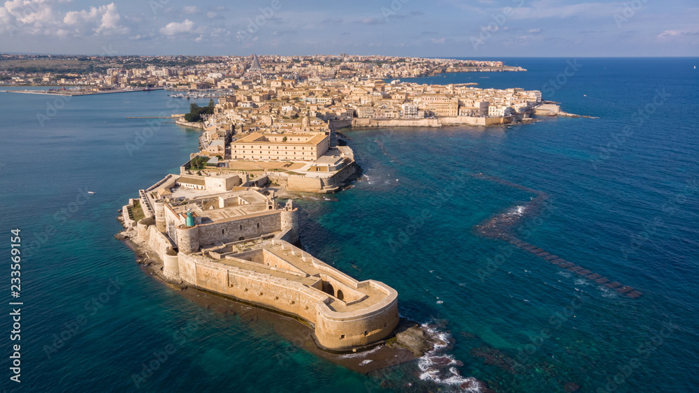 Aerial view of Ortigia, historical centre of the city of Syracuse. Aerial view of Maniace fortress in Ortigia, Sicily, Italy. Sanctuary 