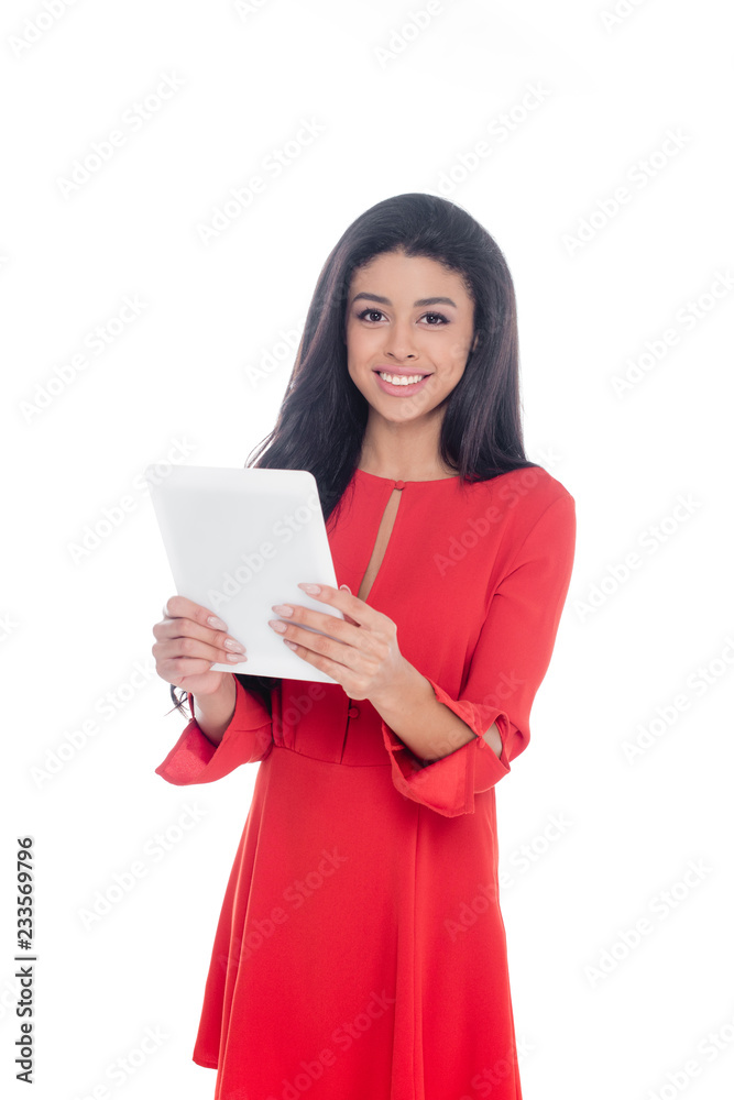 smiling african american girl with digital tablet isolated on white smiling african american girl with digital tablet isolated on white