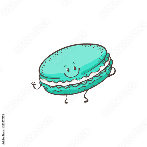 Vector illustration of macaron cartoon character with smiling face in sketch style - hand drawn cute mascot of sweet baked pastry standing and waving hand isolated on white background.