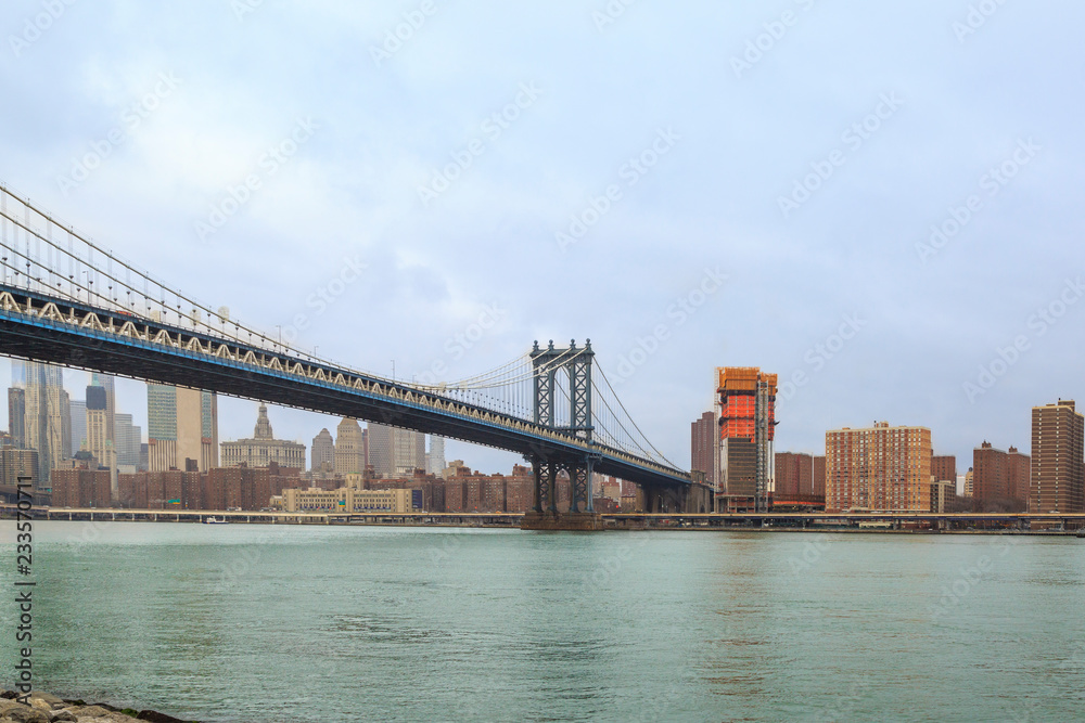 Manhattan bridge and midtown Manhattan from Brooklyn in New York, NY, USA