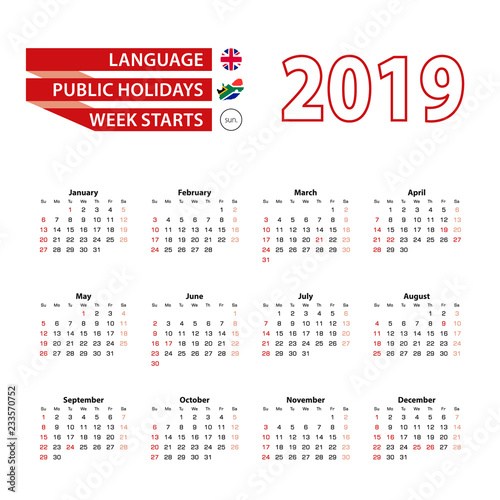 Calendar 2019 in English language with public holidays the country of South Africa in year 2019.