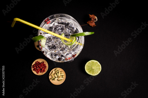 tasty and fresh gin and tonic cocktail on a black background next to your ingredients
