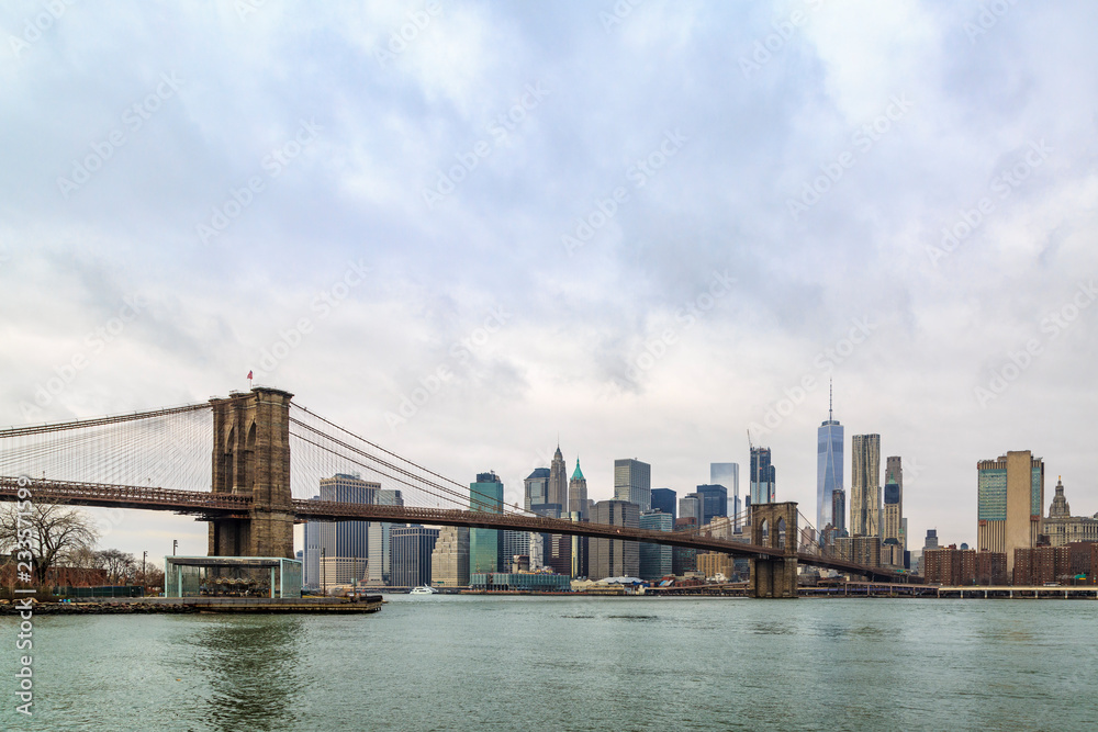 Brooklyn bridge and lower Manhattan from Brooklyn in New York, NY, USA