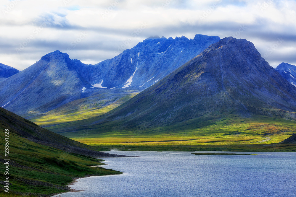 Polar Urals, a summer landscape with mountains, a lake of Hadata.