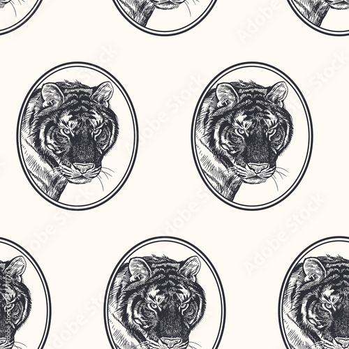 Seamless pattern with portrait of tiger.