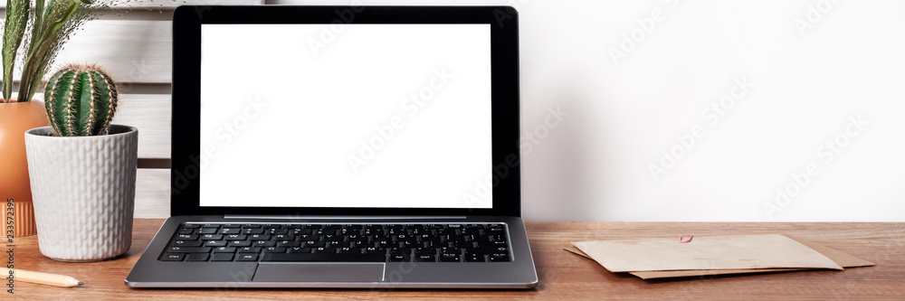 Panoramic photo of hipster wooden desk with an open laptop mockup, cactus in a gray pot, boards on the wall, a brown vase with green grass and a white empty wall copy space Panoramic photo of hipster wooden desk with an open laptop mockup, cactus in a gray pot, boards on the wall, a brown vase with green grass and a white empty wall copy space