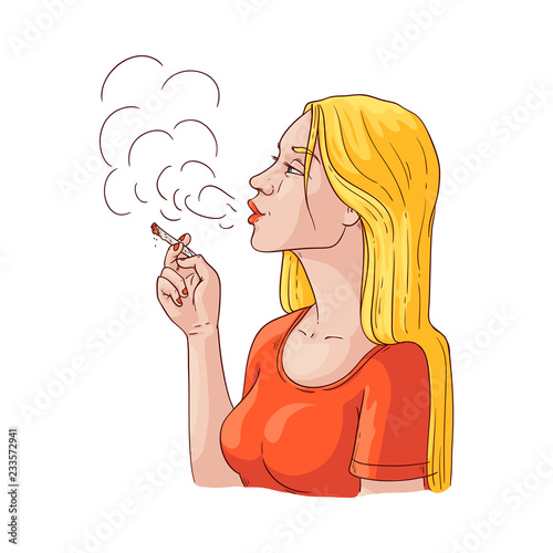 Vector young woman smoking. Sketch beautiful blonde girl exhaling filthy smoke holding smoldering cigarette in hand. Female character smoker with nicotine addiction