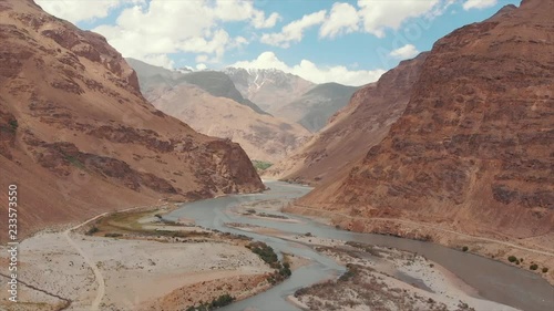 Areal Dron Shoot View of the Pamir, Afghanistan and Panj River Along the Wakhan Corridor. The Afghanistan-tajikistan Border. M41 Pamir Highway. photo