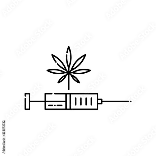 Cannabis leaf and syringe with injection line icon - thin outline symbol of medical equipment with marijuana. Isolated vector illustration of drug consumption or hemp legalization concept.