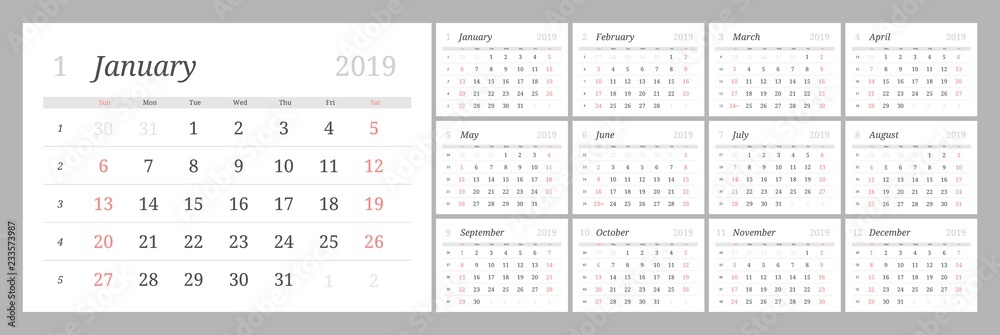 Year 2019 calendar horizontal vector design template with numbers of days of weeks. Week Starts Sunday. Year 2019 calendar horizontal vector design template with numbers of days of weeks. Week Starts Sunday.