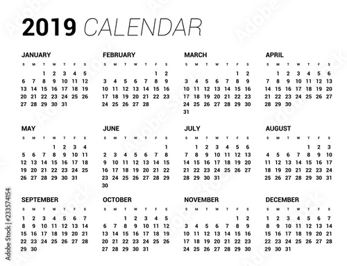 2019 year calendar in clean minimal table simple style. Eps 10