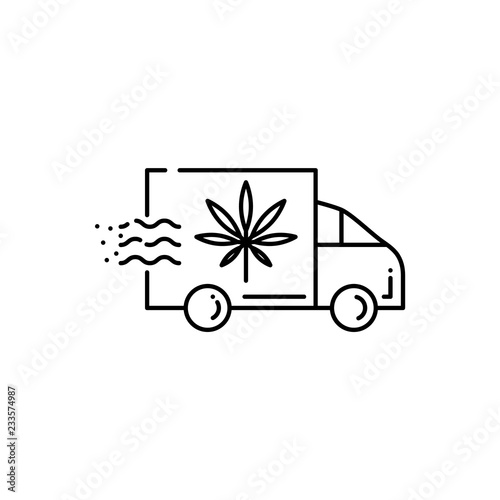 Delivery truck icon with marijuana leaf isolated on white background - thin outline vector illustration of van with cannabis for drug consumption and marijuana medical use concept.