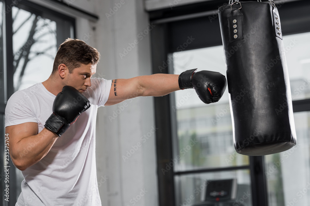 side view of handsome muscular boxer exercising with punching bag in gym