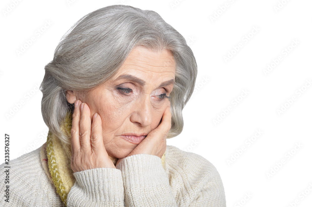 Sad senior woman isolated on white background Sad senior woman isolated on white background