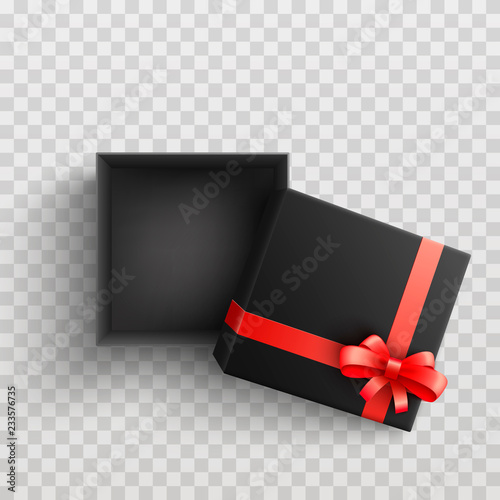 Black present box with red ribbon bow top view. Vector opened surprise package for christmas, birthday celebration design. Boxing day, black friday discount banners element, transparent background