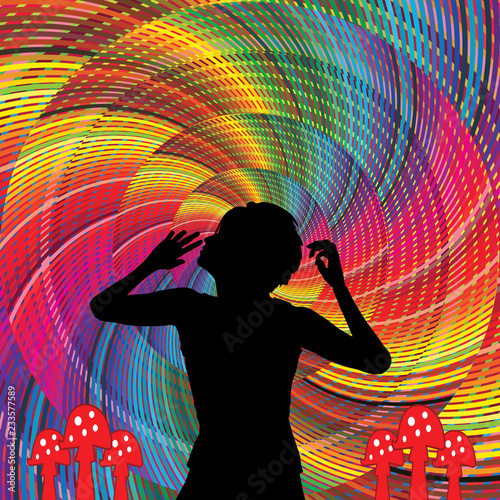 The effect of hallucinogens. Woman taking psychedelic drugs like LSD,  mescaline or magic mushrooms experiencing colorful hallucinations  Иллюстрация Stock | Adobe Stock