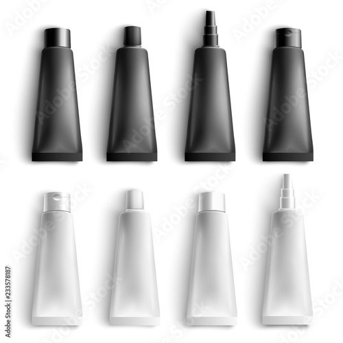 Tube mockup for medicine or cosmetics vector illustration set in realistic 3d style - collection of glossy black and white plastic packages for brand template. Empty product packaging.