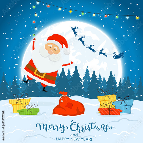 Santa Claus on Winter Background with Gifts and Christmas Lights
