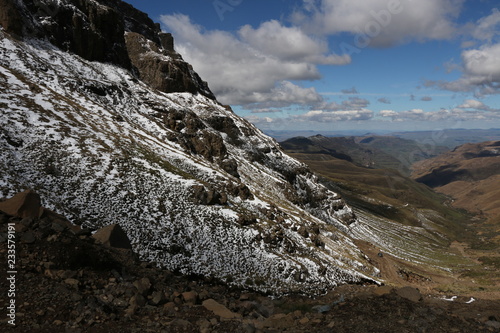 Snow on the slopes of Sani Pass, Southern Drakensberg