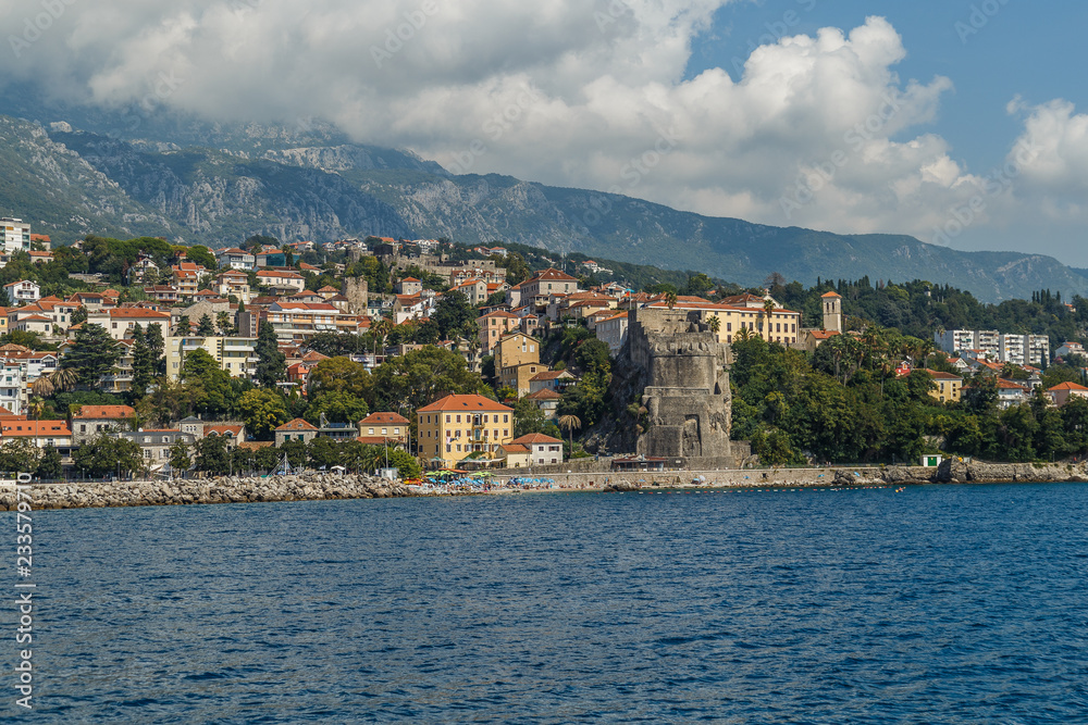 View of the city of Herceg Novi in the Bay of Kotor from the sea
