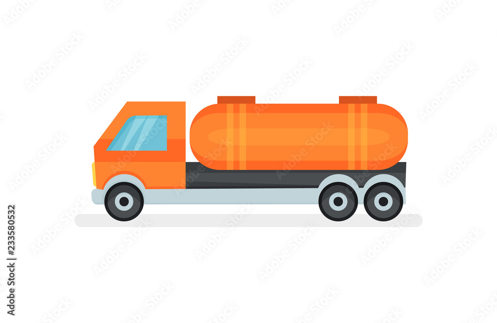 Fototapeta premium Semi truck with large orange reservoir. Heavy vehicle. Industrial automobile with tank. Flat vector icon