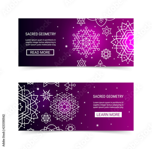 Sacred geometry ornament luminous shiny galaxy star modern futuristic banner set. Cosmic design purple luminescent glow ornamental background template. EPS 10 vector backdrop. Clipping masks