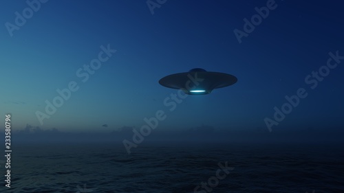 3d render UFO above the ocean 
