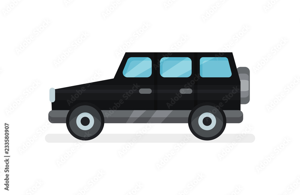 Flat vector icon of black jeep. Urban transport. Modern passenger car. Automobile and transportation theme